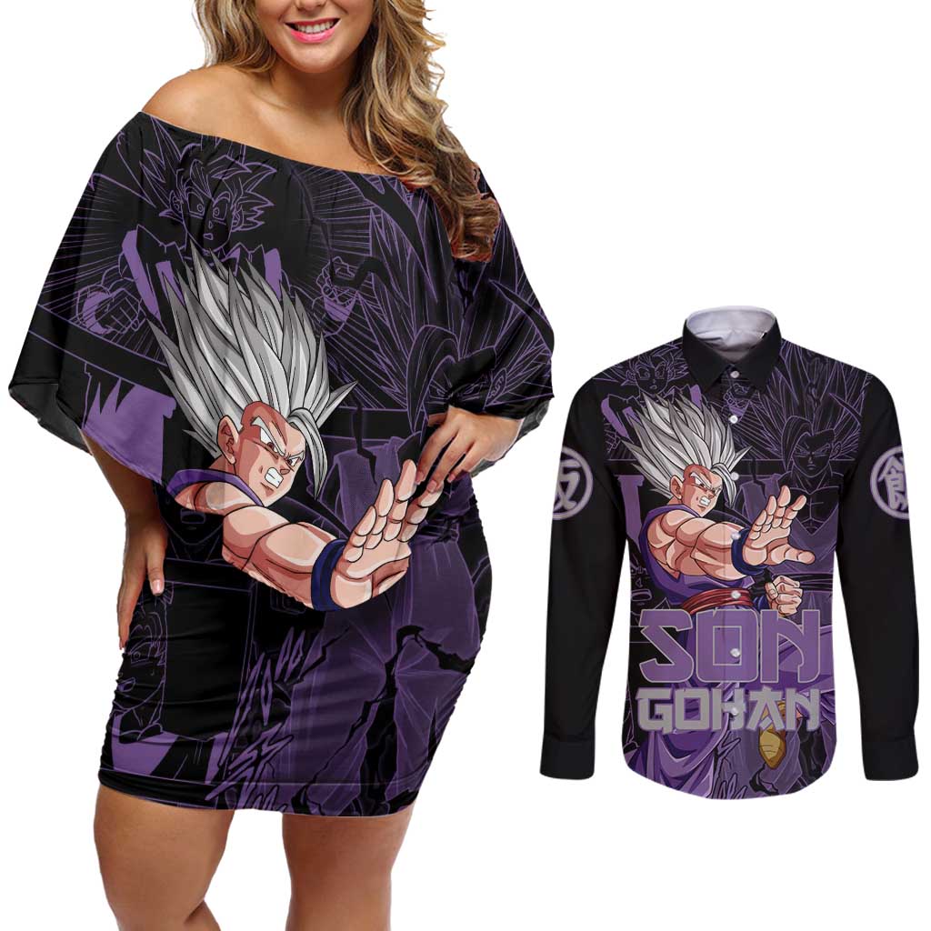 Son Gohan - Dragon Ball Couples Matching Off Shoulder Short Dress and Long Sleeve Button Shirt Pattern Anime Mix Manga Style