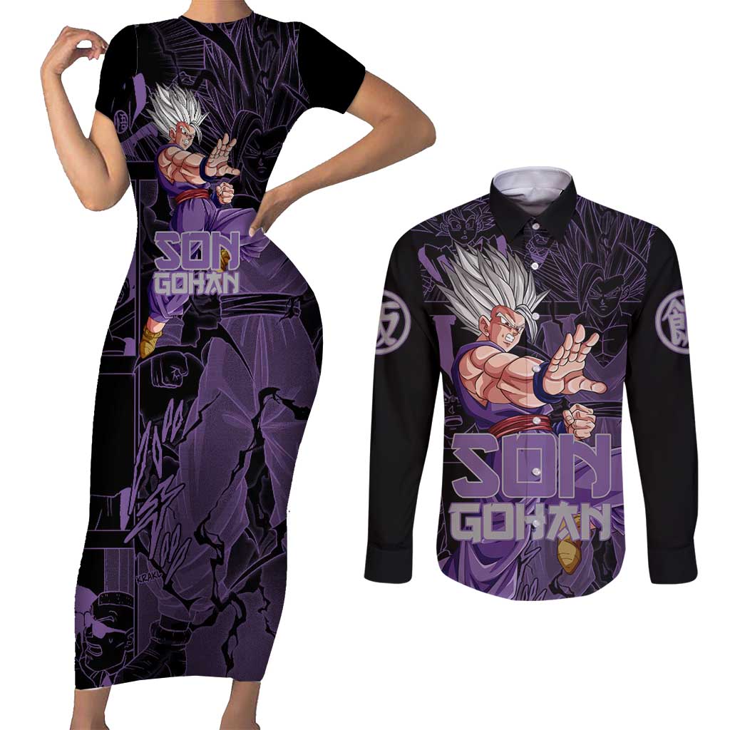 Son Gohan - Dragon Ball Couples Matching Short Sleeve Bodycon Dress and Long Sleeve Button Shirt Pattern Anime Mix Manga Style