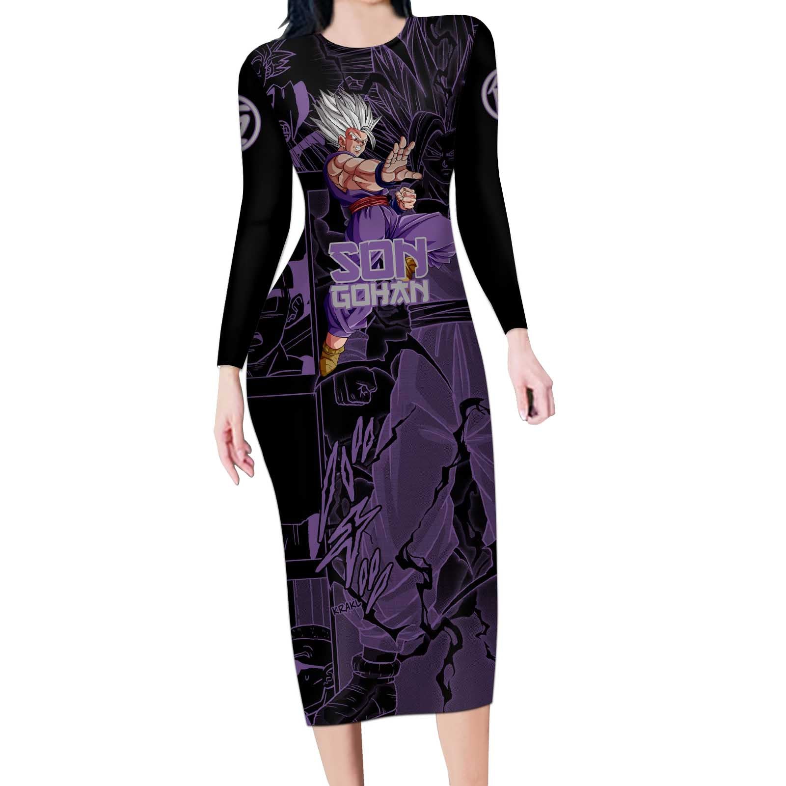 Son Gohan - Dragon Ball Long Sleeve Bodycon Dress Pattern Anime Mix Manga Style