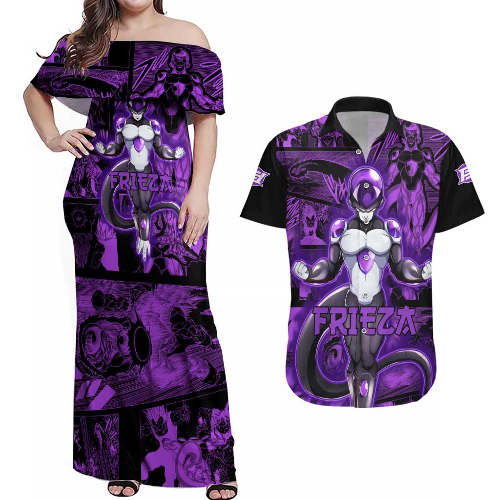Frieza - Dragon Ball Couples Matching Off Shoulder Maxi Dress and Hawaiian Shirt Pattern Anime Mix Manga Style