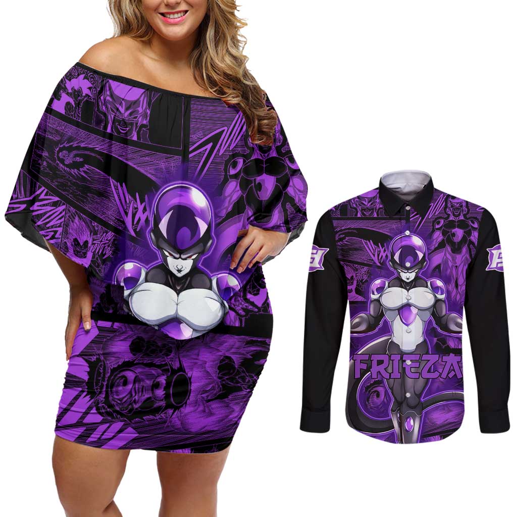 Frieza - Dragon Ball Couples Matching Off Shoulder Short Dress and Long Sleeve Button Shirt Pattern Anime Mix Manga Style