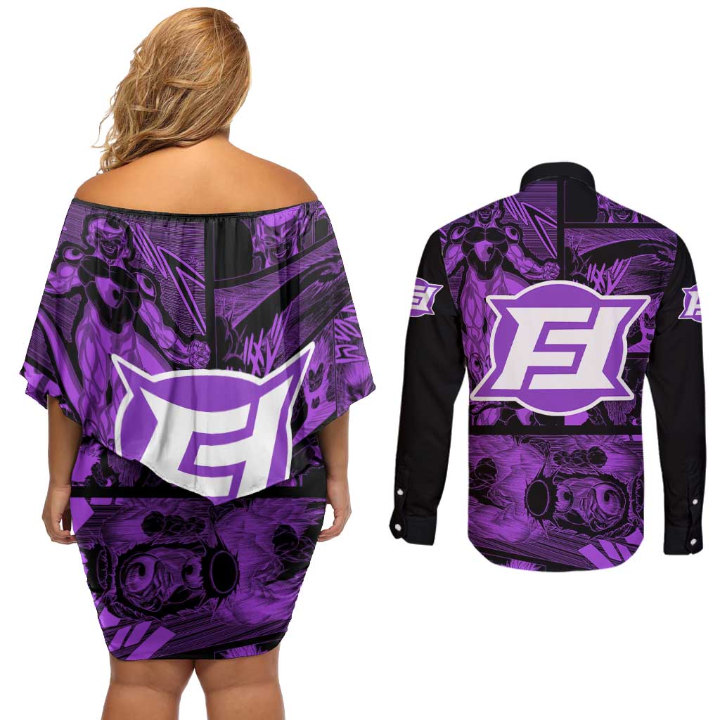 Frieza - Dragon Ball Couples Matching Off Shoulder Short Dress and Long Sleeve Button Shirt Pattern Anime Mix Manga Style