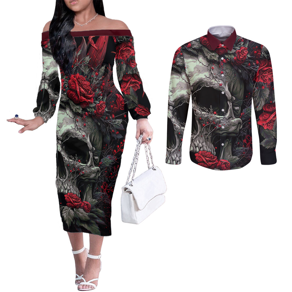 im-blunt-because-god-rolled-me-that-way-skull-couples-matching-off-the-shoulder-long-sleeve-dress-and-long-sleeve-button-shirts