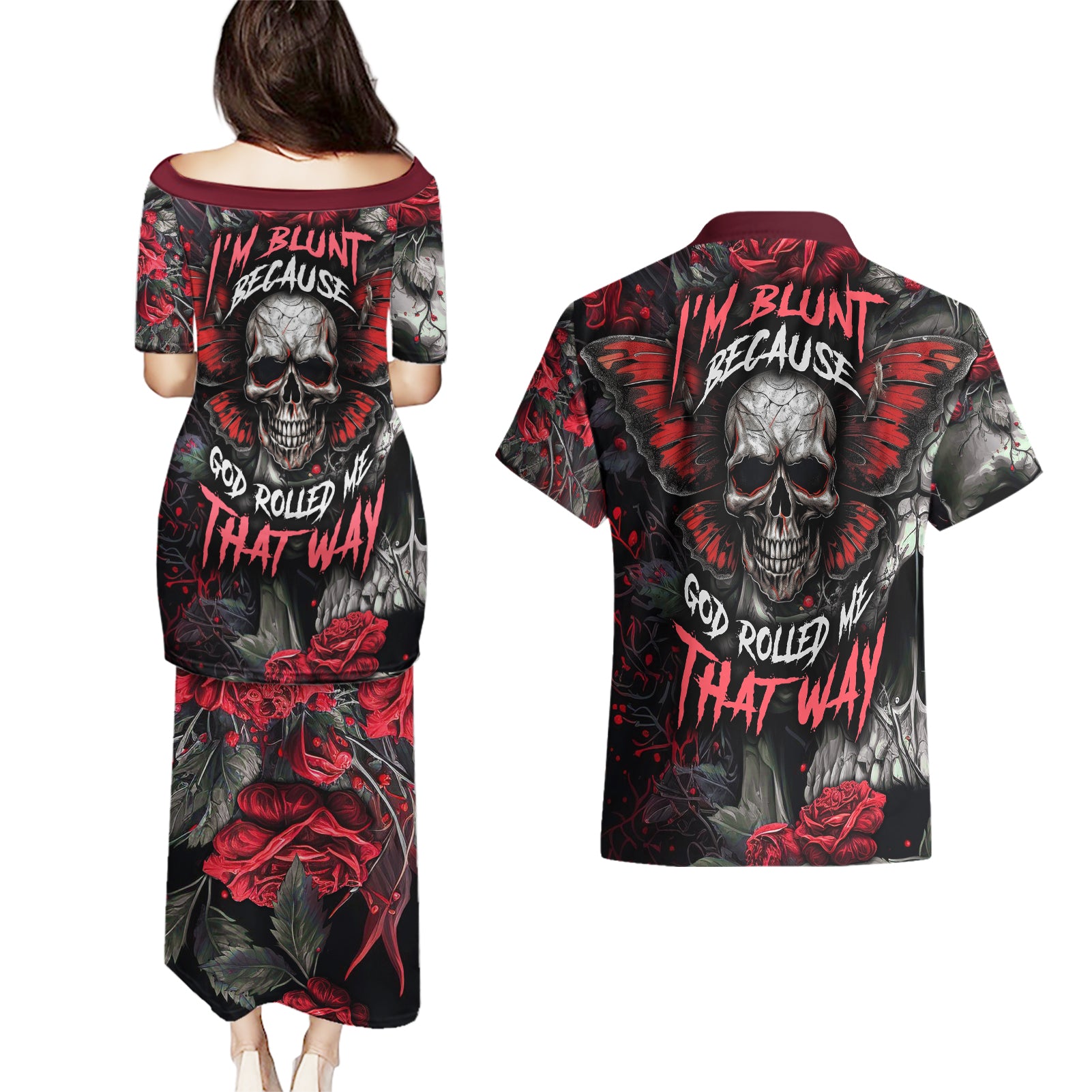 im-blunt-because-god-rolled-me-that-way-skull-couples-matching-puletasi-dress-and-hawaiian-shirt
