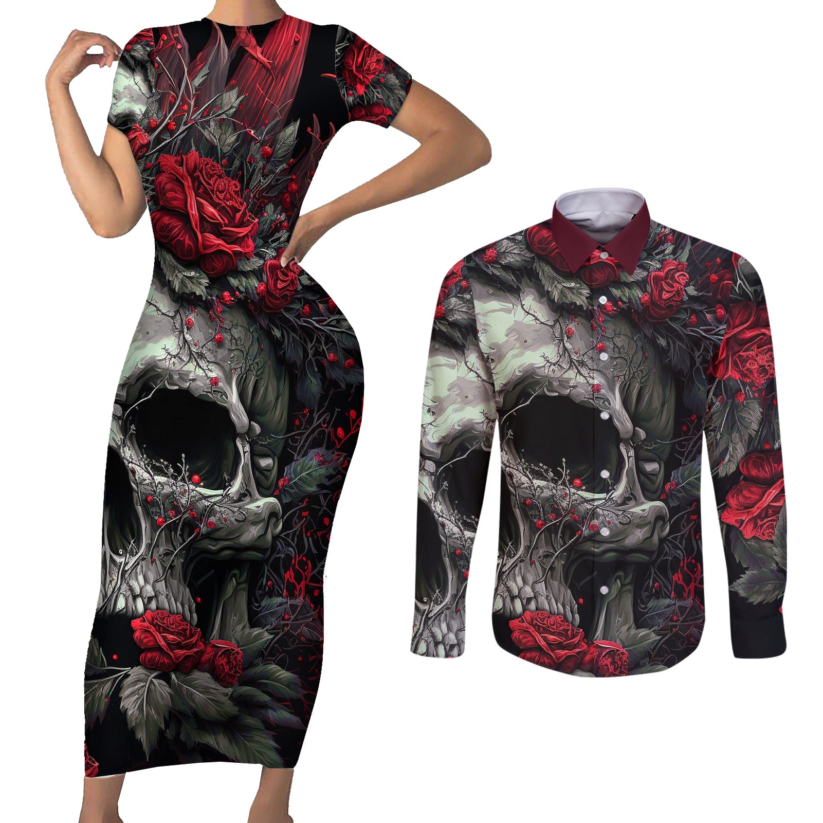 im-blunt-because-god-rolled-me-that-way-skull-couples-matching-short-sleeve-bodycon-dress-and-long-sleeve-button-shirts