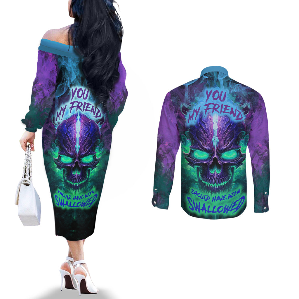you-my-friend-should-have-been-swallowed-skull-couples-matching-off-the-shoulder-long-sleeve-dress-and-long-sleeve-button-shirts