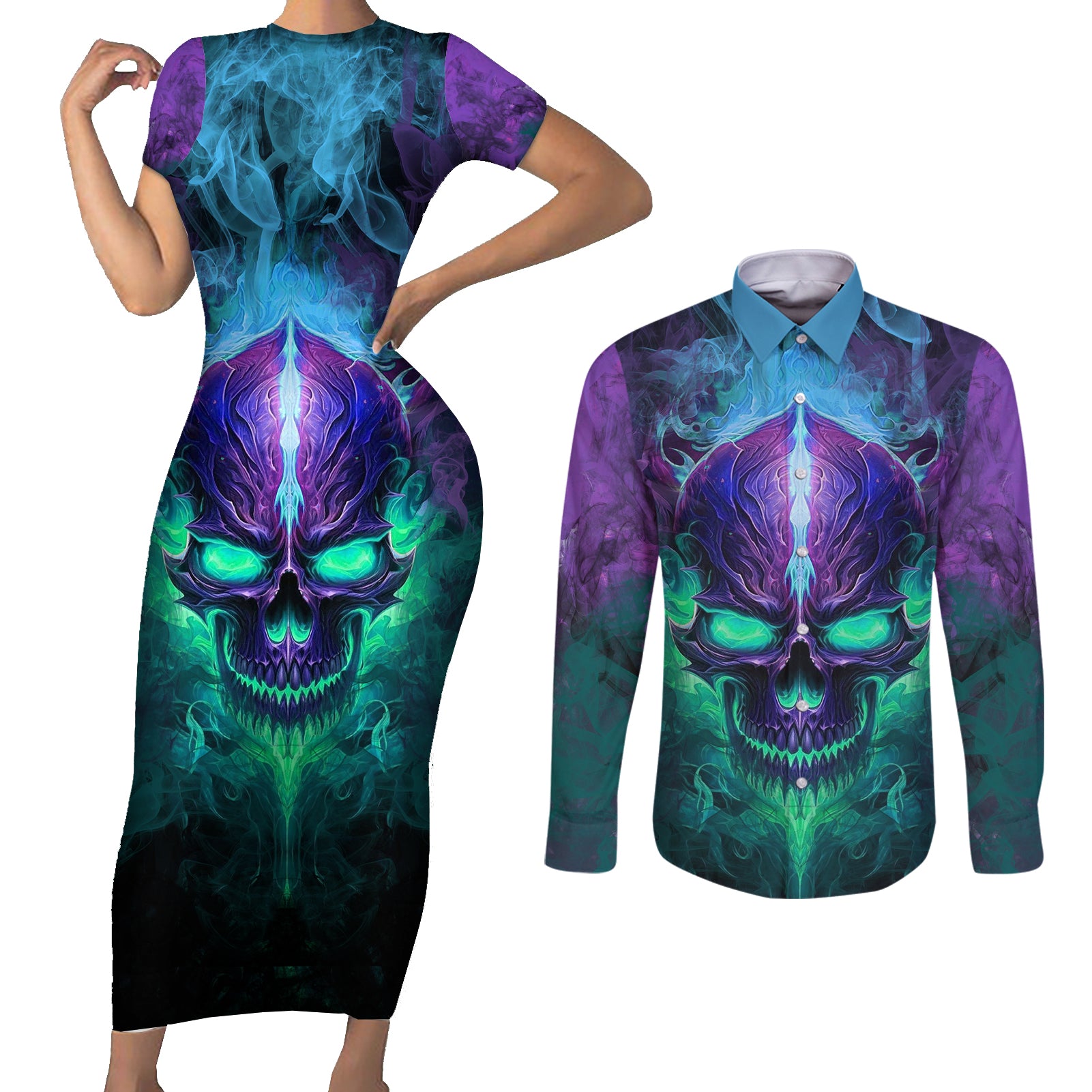 you-my-friend-should-have-been-swallowed-skull-couples-matching-short-sleeve-bodycon-dress-and-long-sleeve-button-shirts