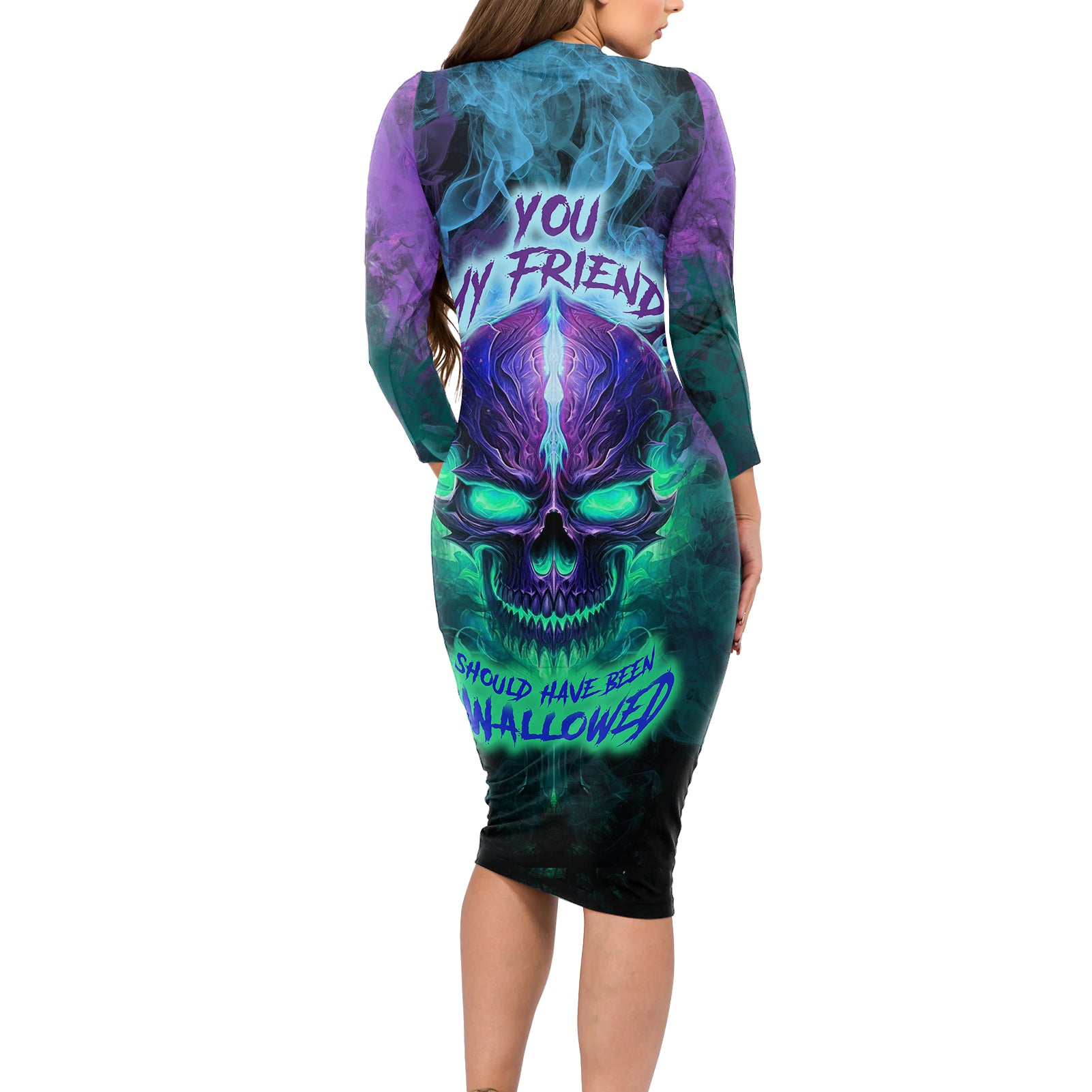 you-my-friend-should-have-been-swallowed-skull-long-sleeve-bodycon-dress