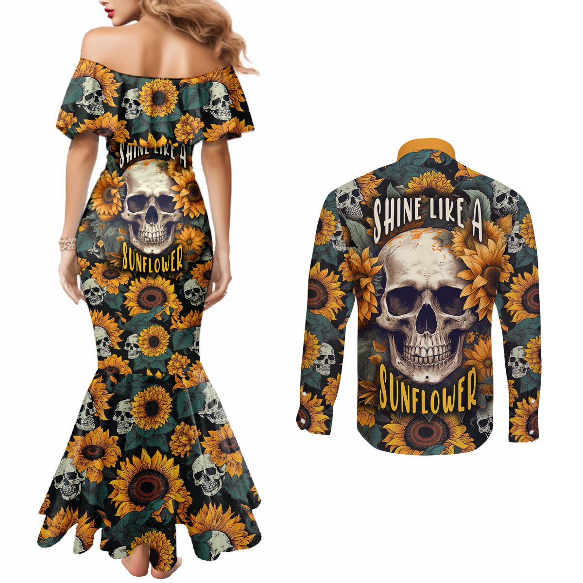 shine-like-a-sunflower-skull-couples-matching-mermaid-dress-and-long-sleeve-button-shirts