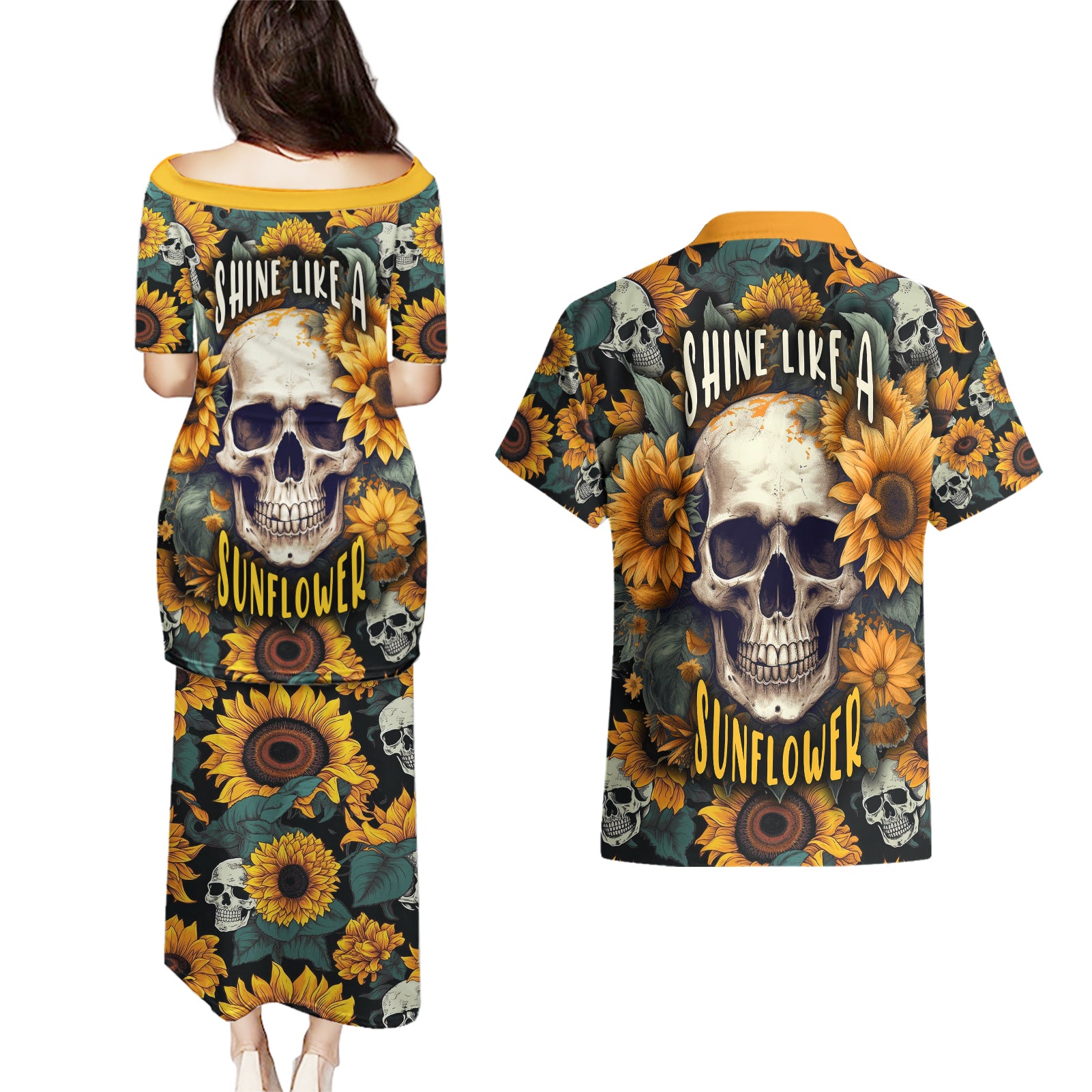 shine-like-a-sunflower-skull-couples-matching-puletasi-dress-and-hawaiian-shirt