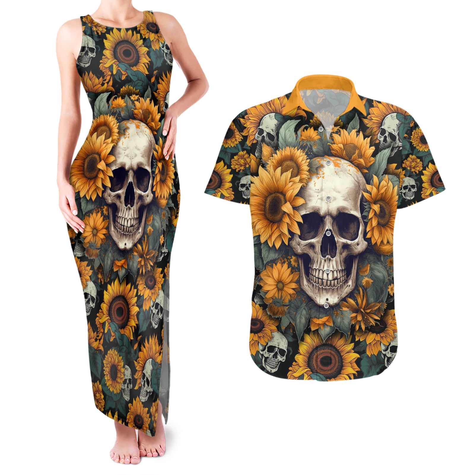 shine-like-a-sunflower-skull-couples-matching-tank-maxi-dress-and-hawaiian-shirt