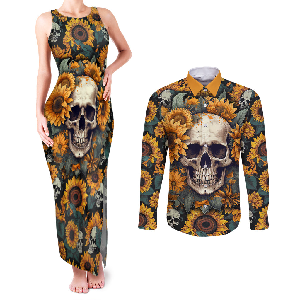 shine-like-a-sunflower-skull-couples-matching-tank-maxi-dress-and-long-sleeve-button-shirts