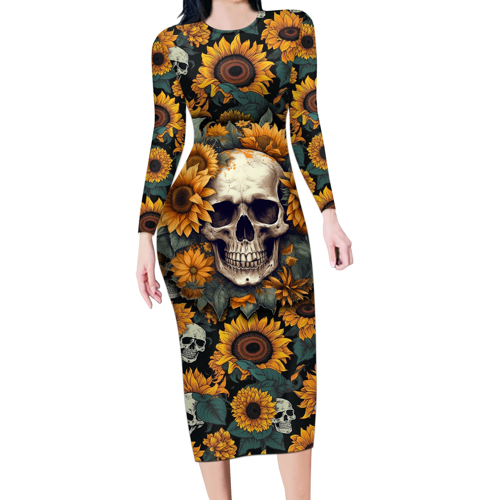 shine-like-a-sunflower-skull-long-sleeve-bodycon-dress