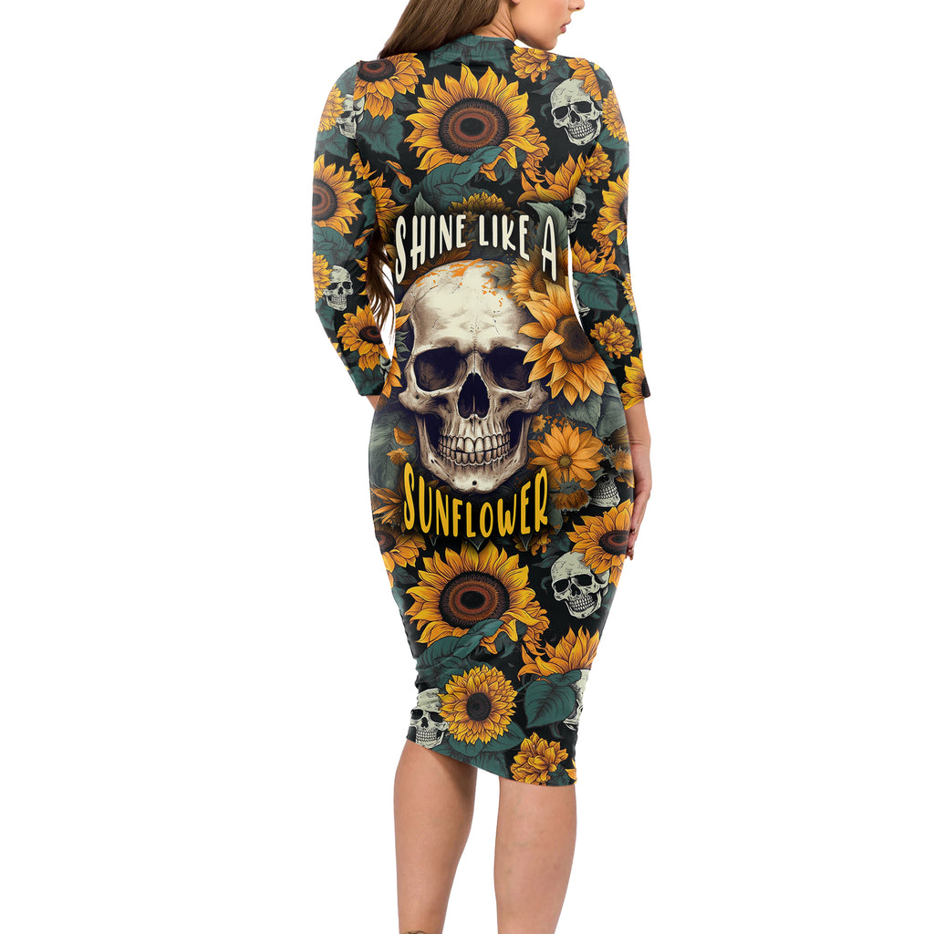 shine-like-a-sunflower-skull-long-sleeve-bodycon-dress