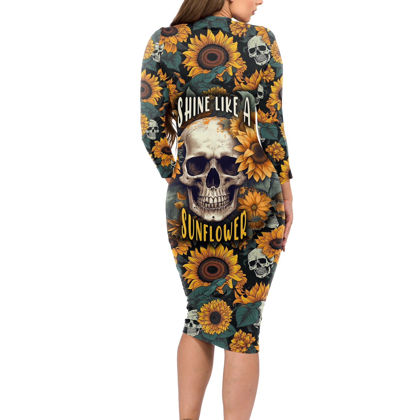 shine-like-a-sunflower-skull-long-sleeve-bodycon-dress