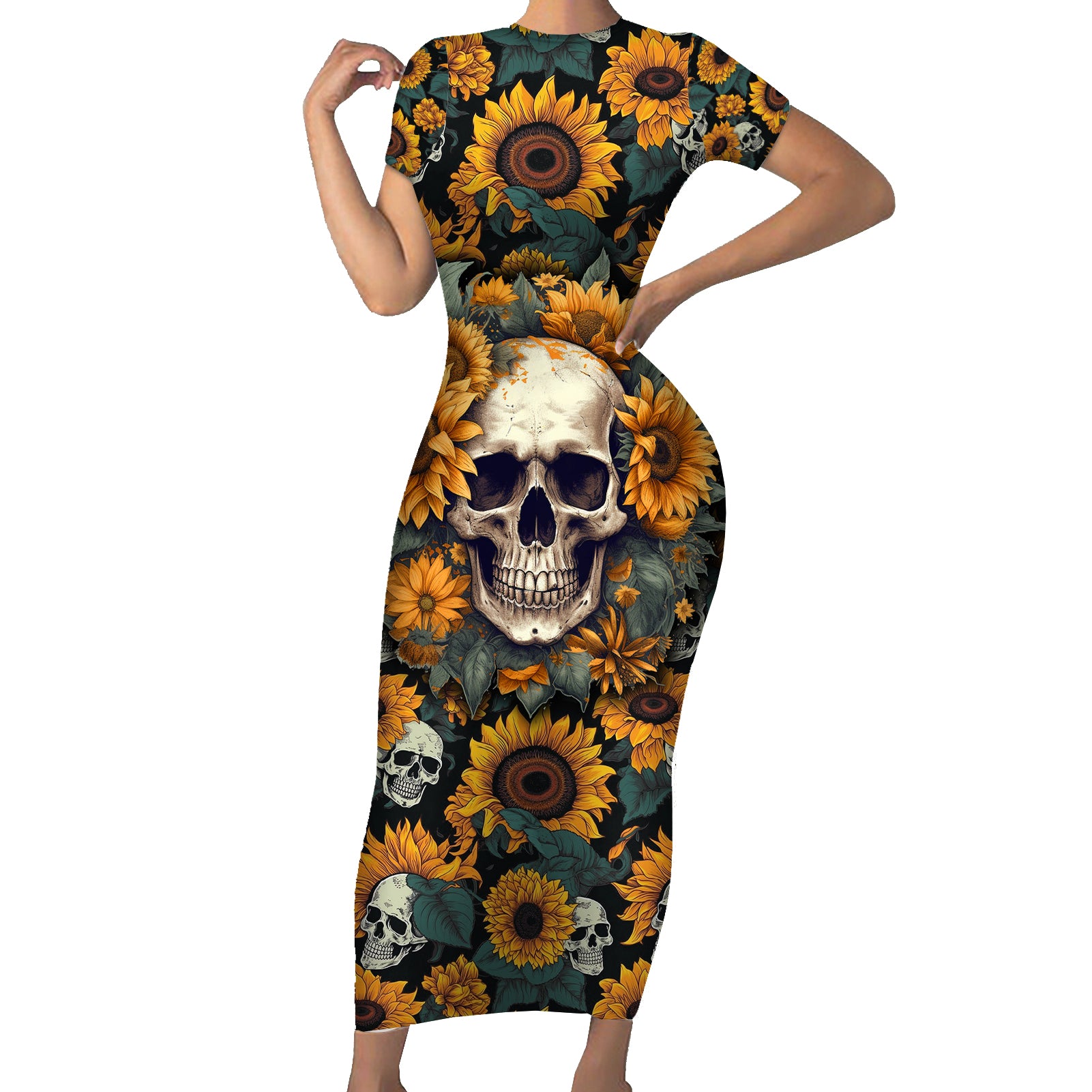 shine-like-a-sunflower-skull-short-sleeve-bodycon-dress
