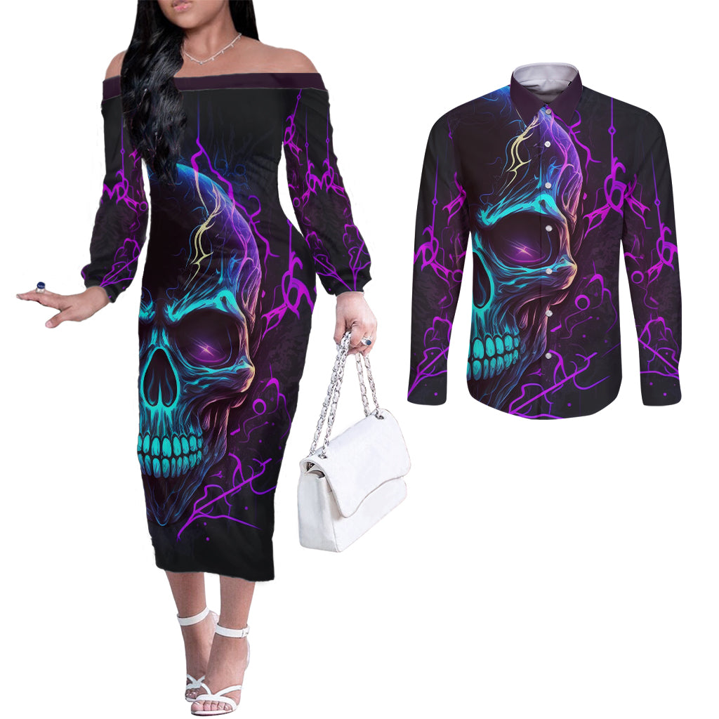 music-is-my-only-friend-skull-couples-matching-off-the-shoulder-long-sleeve-dress-and-long-sleeve-button-shirts