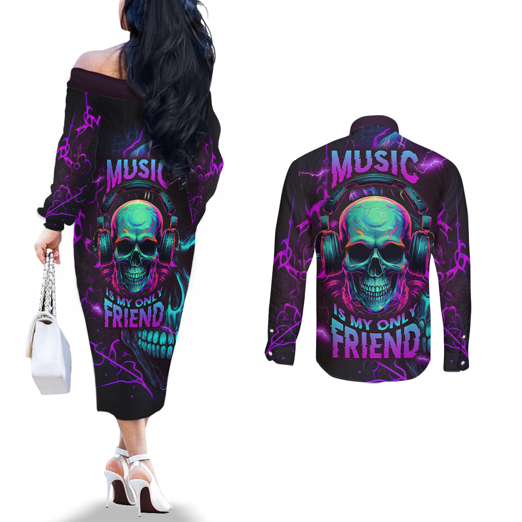 music-is-my-only-friend-skull-couples-matching-off-the-shoulder-long-sleeve-dress-and-long-sleeve-button-shirts
