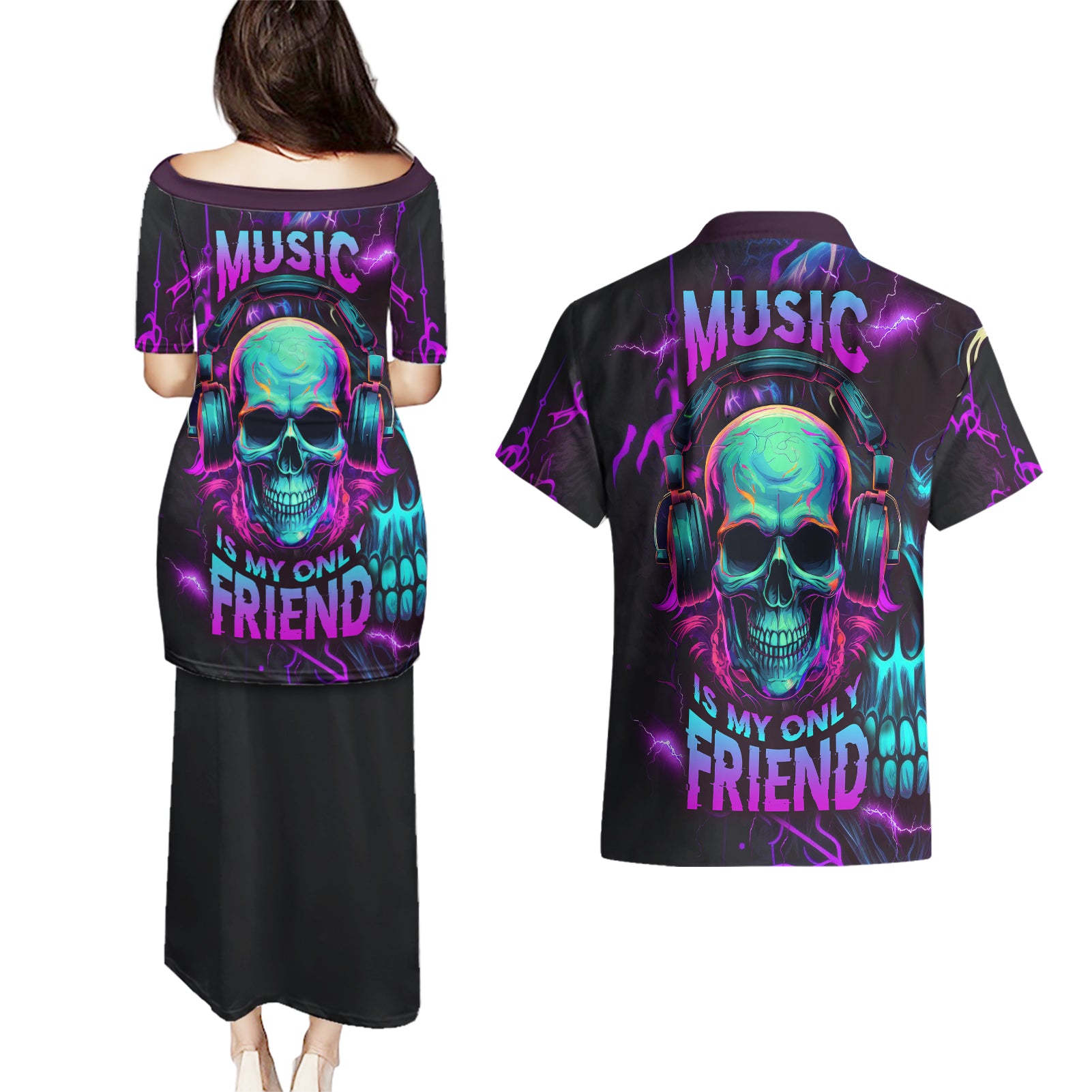 music-is-my-only-friend-skull-couples-matching-puletasi-dress-and-hawaiian-shirt