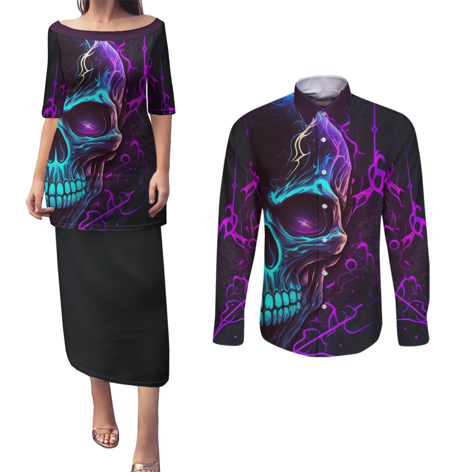 music-is-my-only-friend-skull-couples-matching-puletasi-dress-and-long-sleeve-button-shirts