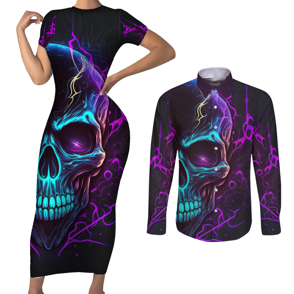 music-is-my-only-friend-skull-couples-matching-short-sleeve-bodycon-dress-and-long-sleeve-button-shirts