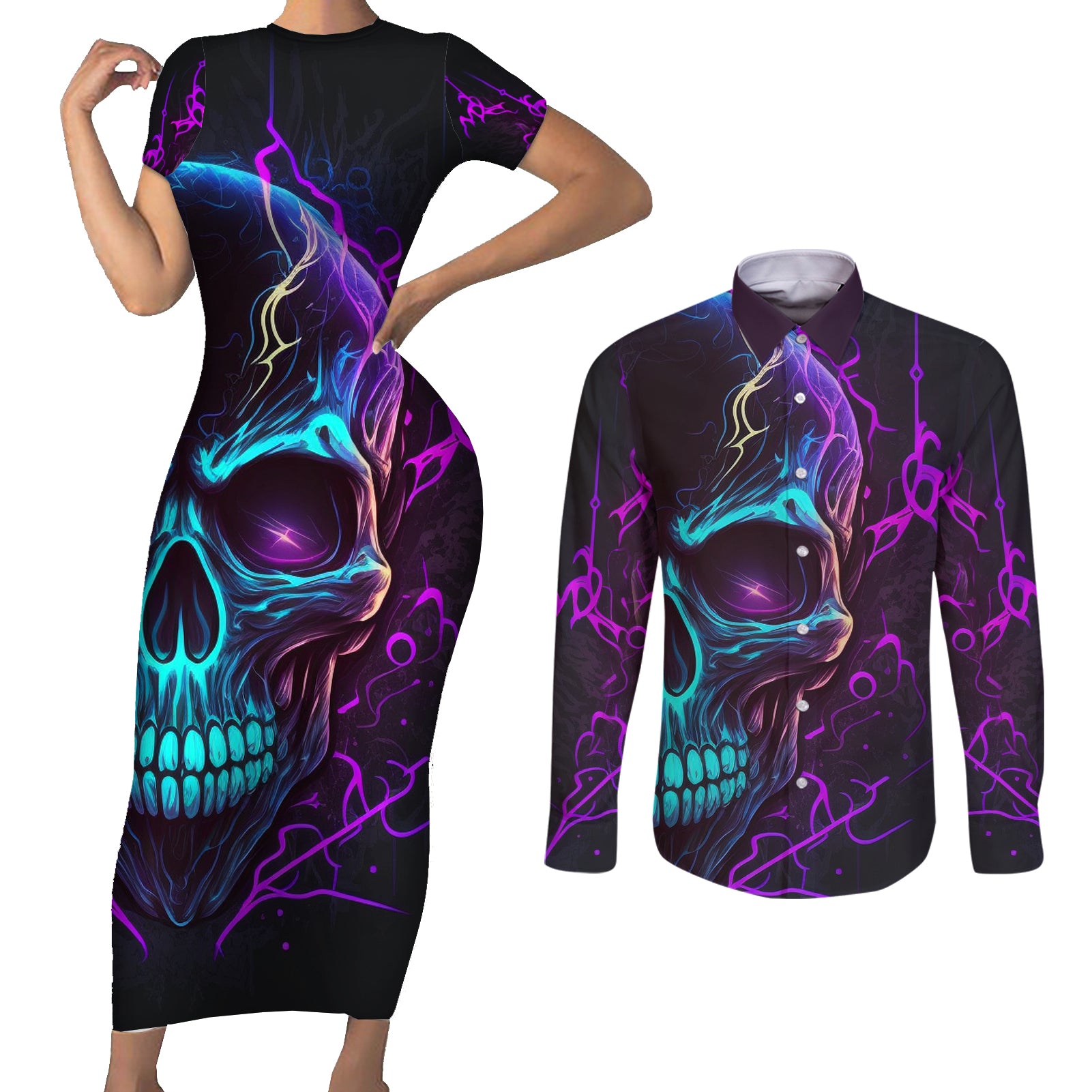 music-is-my-only-friend-skull-couples-matching-short-sleeve-bodycon-dress-and-long-sleeve-button-shirts
