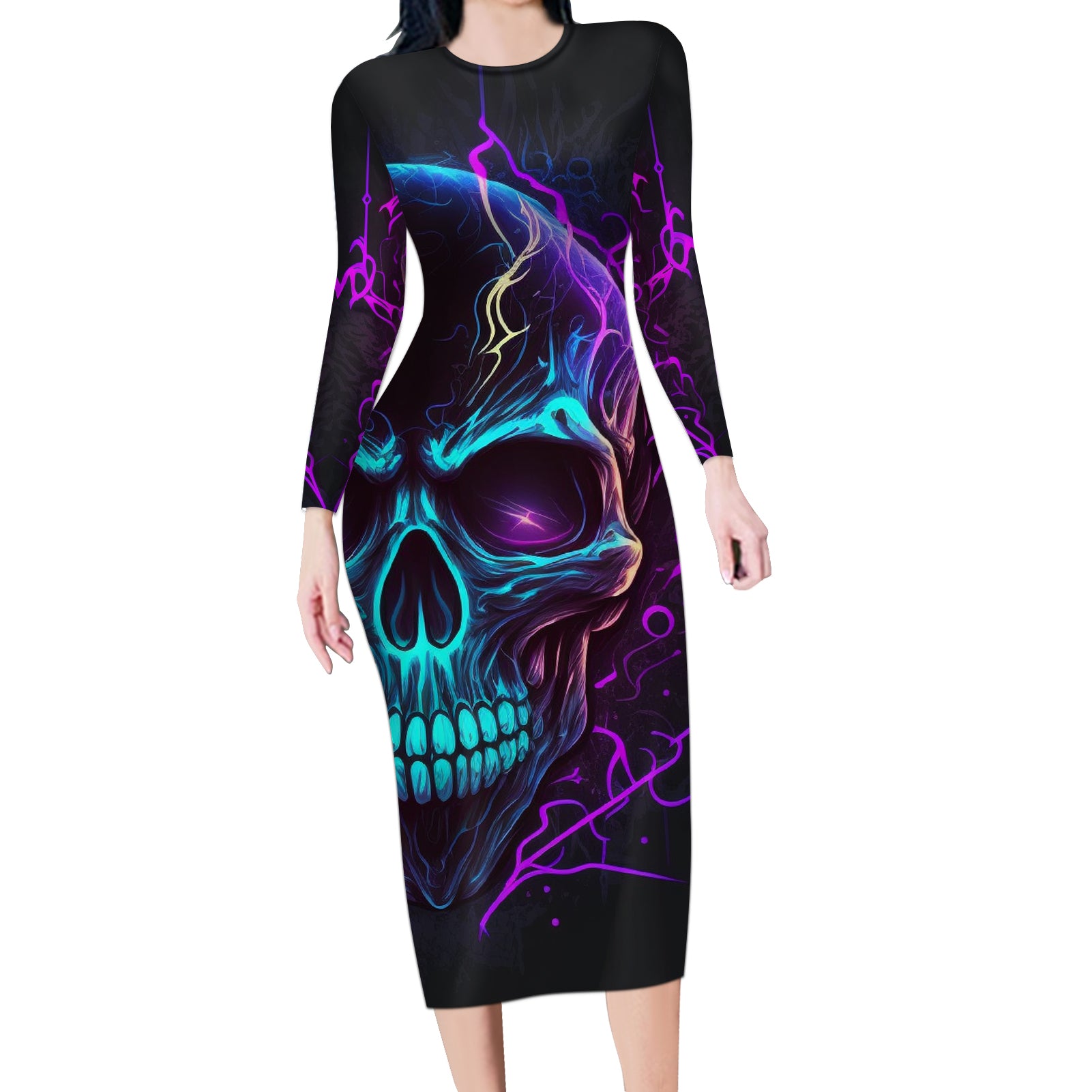 music-is-my-only-friend-skull-long-sleeve-bodycon-dress