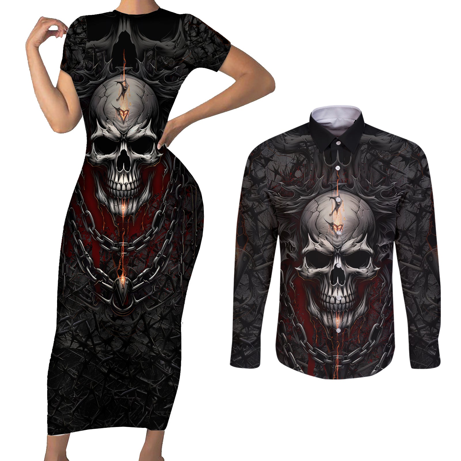be-careful-skull-couples-matching-short-sleeve-bodycon-dress-and-long-sleeve-button-shirts