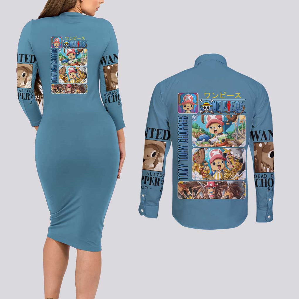 Tony Tony Chopper - Straw Hat -  One Piece Couples Matching Long Sleeve Bodycon Dress and Long Sleeve Button Shirt Anime Style