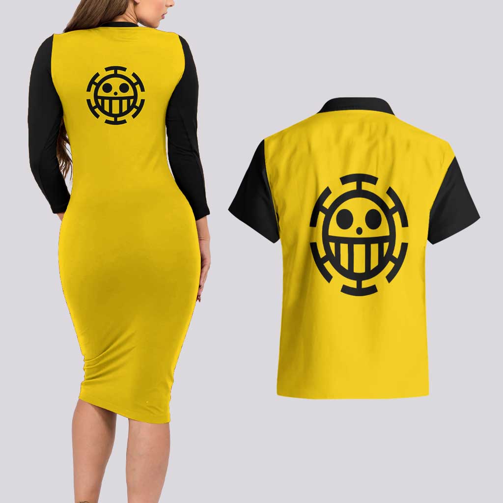 Trafalgar Law One Piece Couples Matching Long Sleeve Bodycon Dress and Hawaiian Shirt Anime Uniform Style