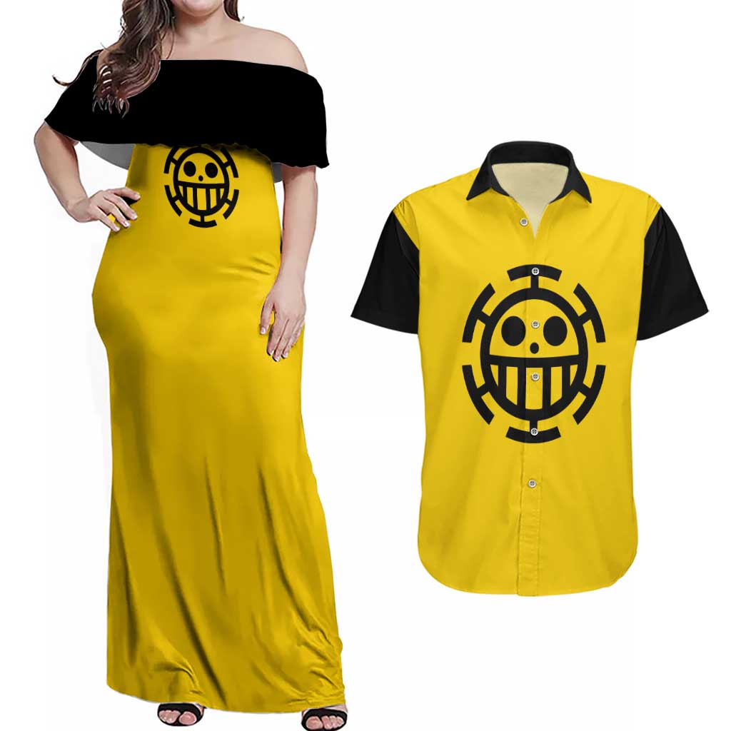 Trafalgar Law One Piece Couples Matching Off Shoulder Maxi Dress and Hawaiian Shirt Anime Uniform Style