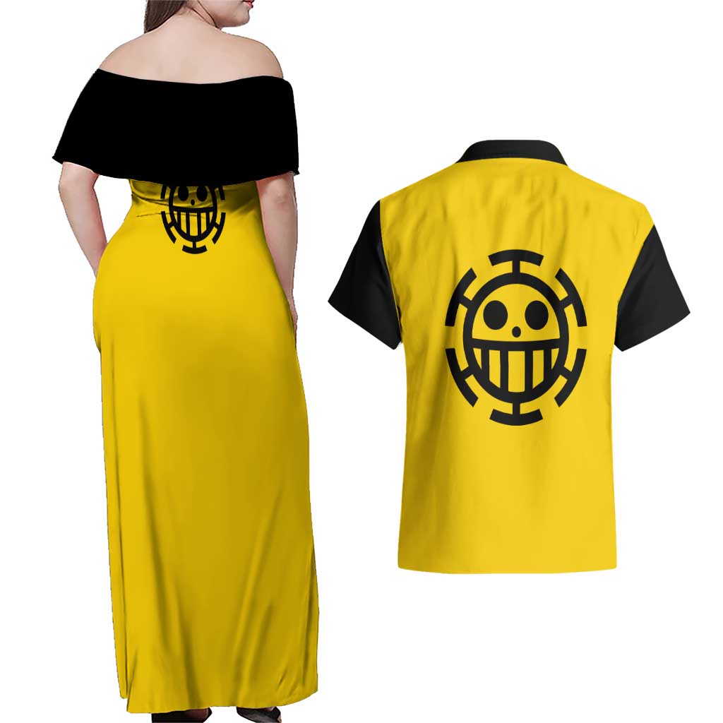 Trafalgar Law One Piece Couples Matching Off Shoulder Maxi Dress and Hawaiian Shirt Anime Uniform Style