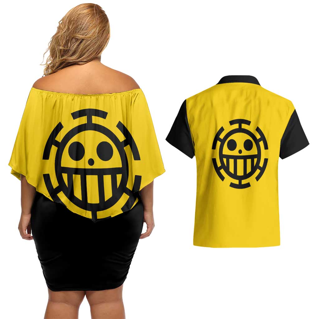 Trafalgar Law One Piece Couples Matching Off Shoulder Short Dress and Hawaiian Shirt Anime Uniform Style