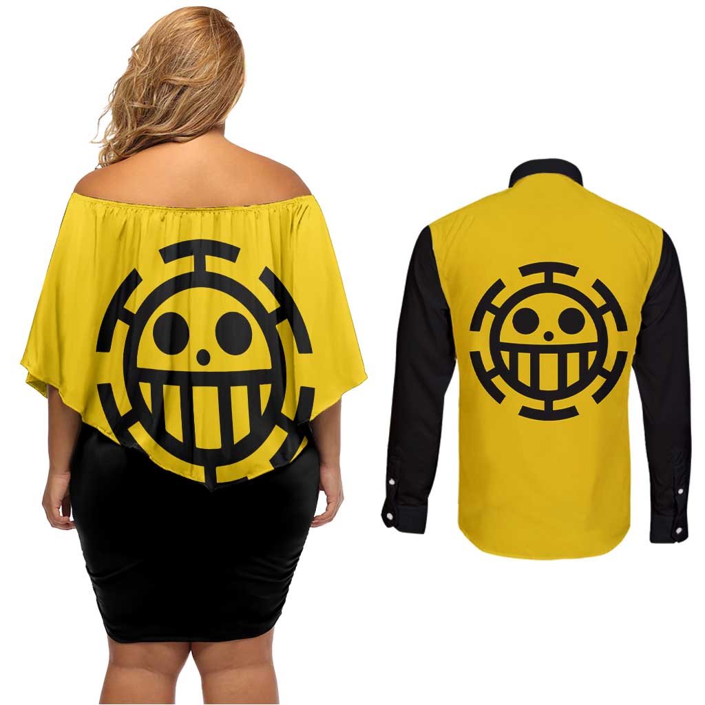Trafalgar Law One Piece Couples Matching Off Shoulder Short Dress and Long Sleeve Button Shirt Anime Uniform Style