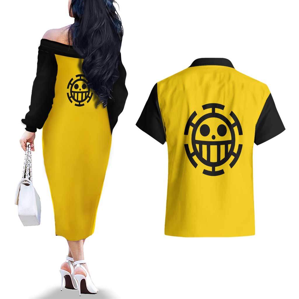 Trafalgar Law One Piece Couples Matching Off The Shoulder Long Sleeve Dress and Hawaiian Shirt Anime Uniform Style