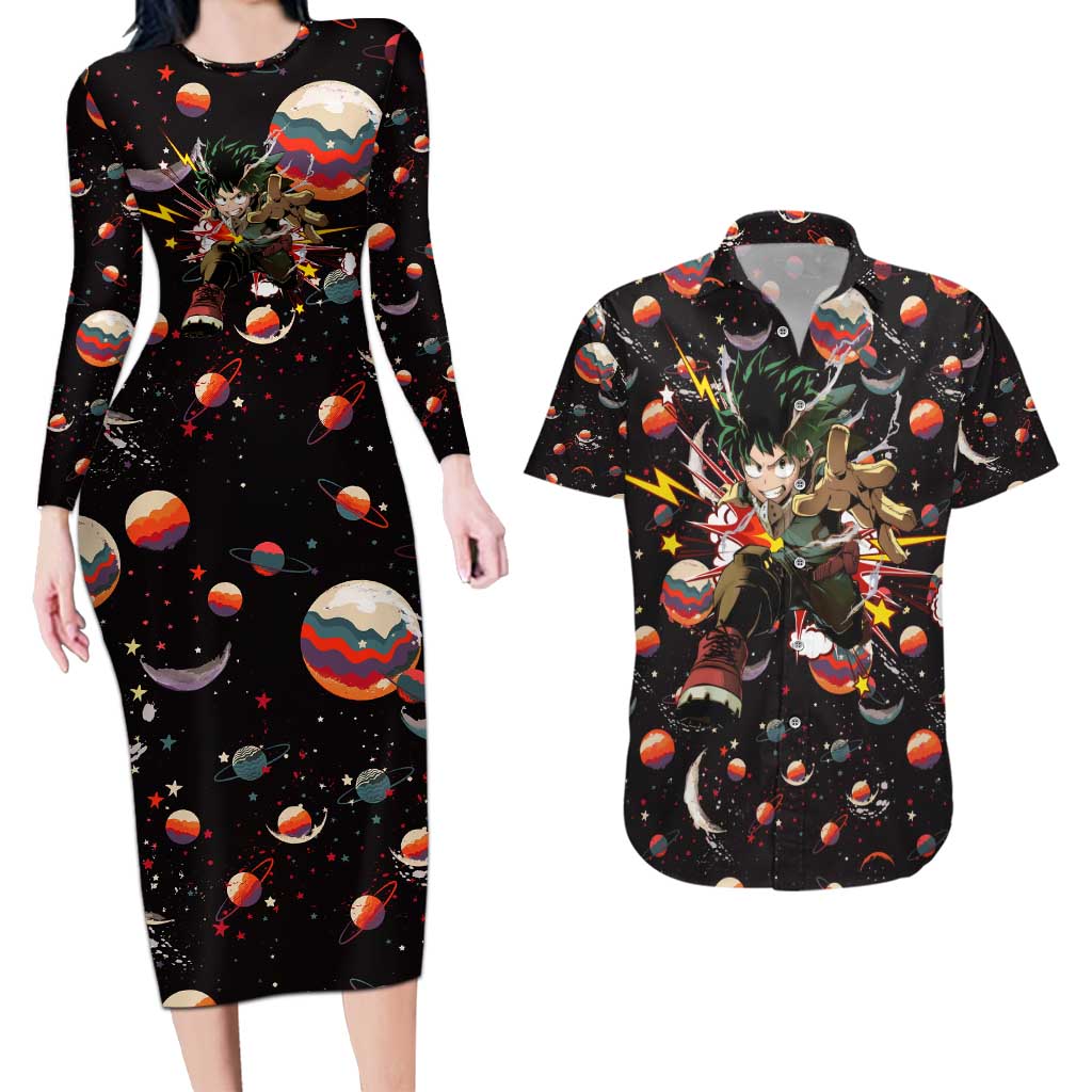 Retro Universe Deku My Hero Academia Couples Matching Long Sleeve Bodycon Dress and Hawaiian Shirt Anime Mid Cosmic Pattern Style