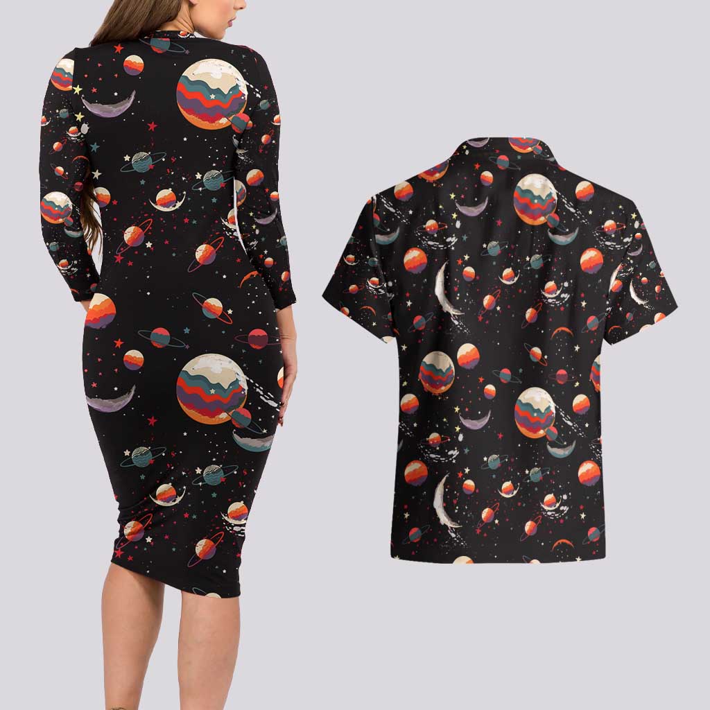 Retro Universe Deku My Hero Academia Couples Matching Long Sleeve Bodycon Dress and Hawaiian Shirt Anime Mid Cosmic Pattern Style