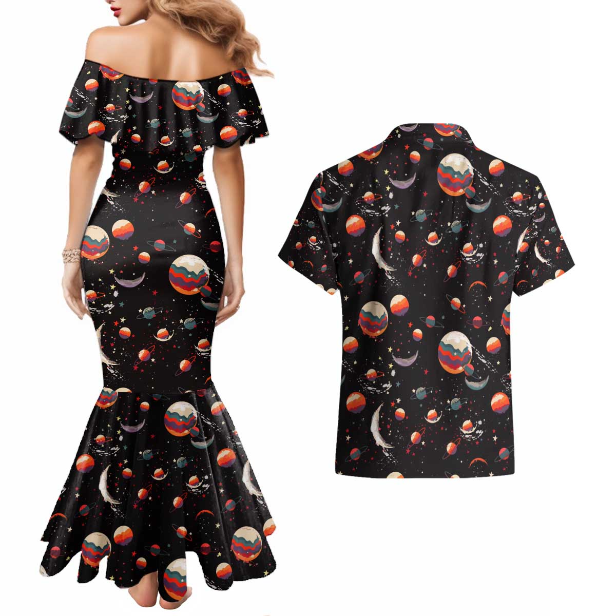 Retro Universe Deku My Hero Academia Couples Matching Mermaid Dress and Hawaiian Shirt Anime Mid Cosmic Pattern Style