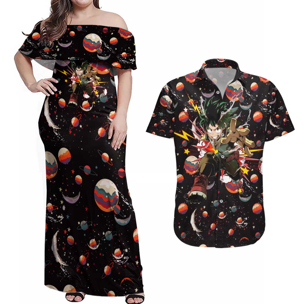 Retro Universe Deku My Hero Academia Couples Matching Off Shoulder Maxi Dress and Hawaiian Shirt Anime Mid Cosmic Pattern Style