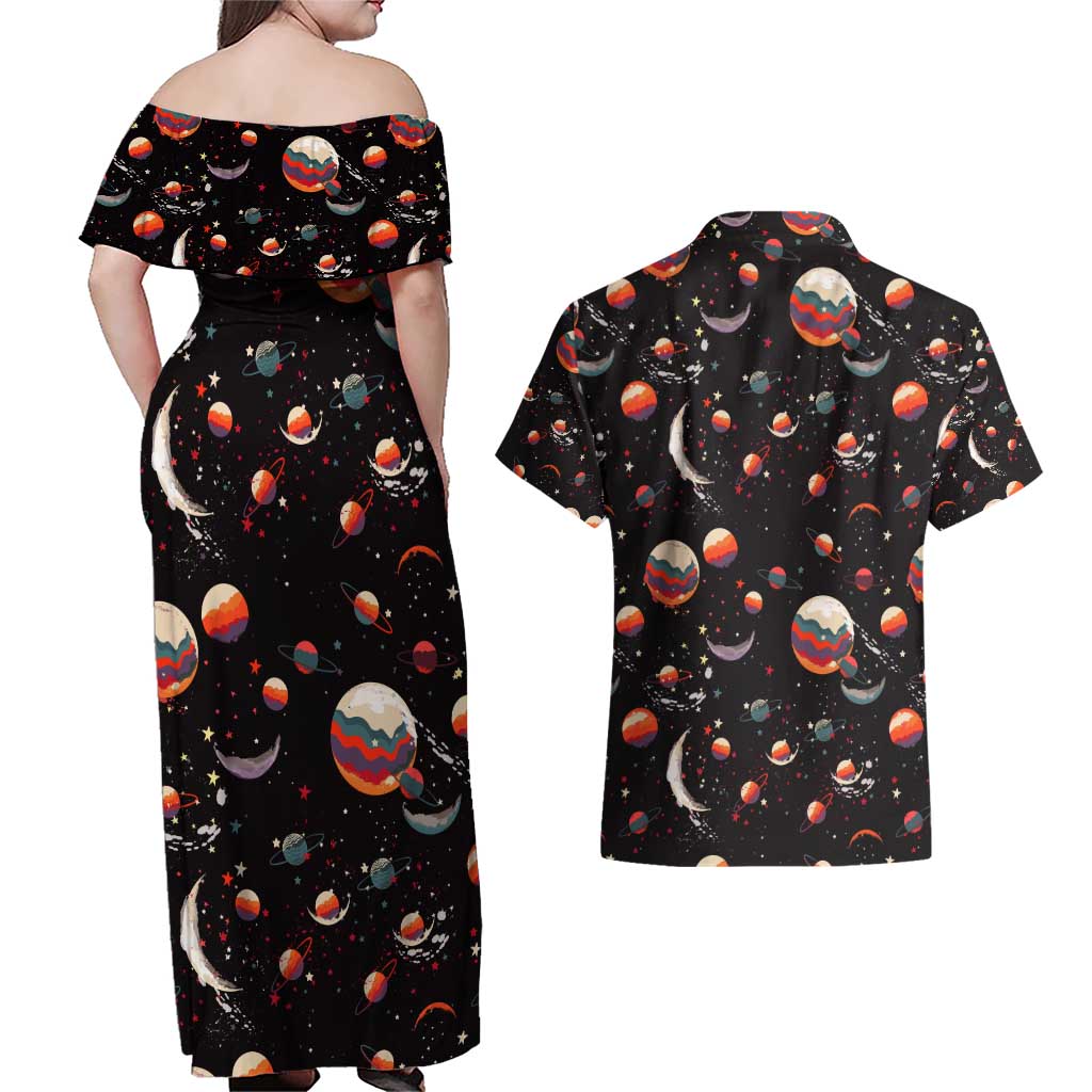 Retro Universe Deku My Hero Academia Couples Matching Off Shoulder Maxi Dress and Hawaiian Shirt Anime Mid Cosmic Pattern Style