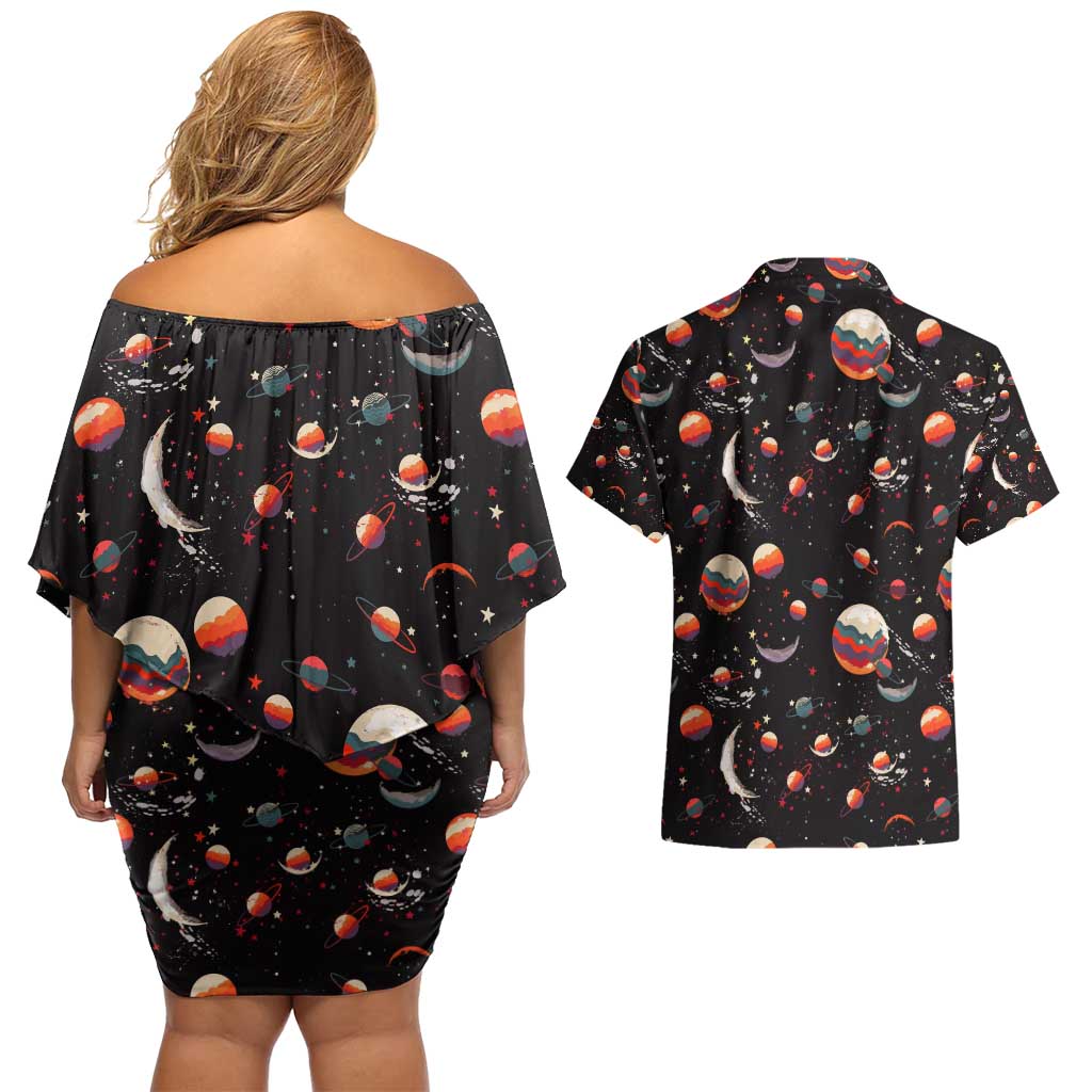 Retro Universe Deku My Hero Academia Couples Matching Off Shoulder Short Dress and Hawaiian Shirt Anime Mid Cosmic Pattern Style