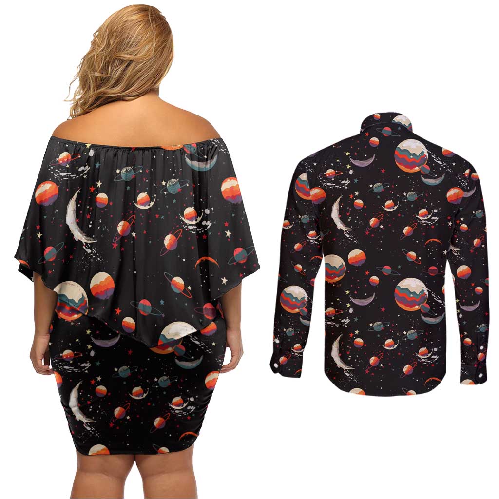 Retro Universe Deku My Hero Academia Couples Matching Off Shoulder Short Dress and Long Sleeve Button Shirt Anime Mid Cosmic Pattern Style