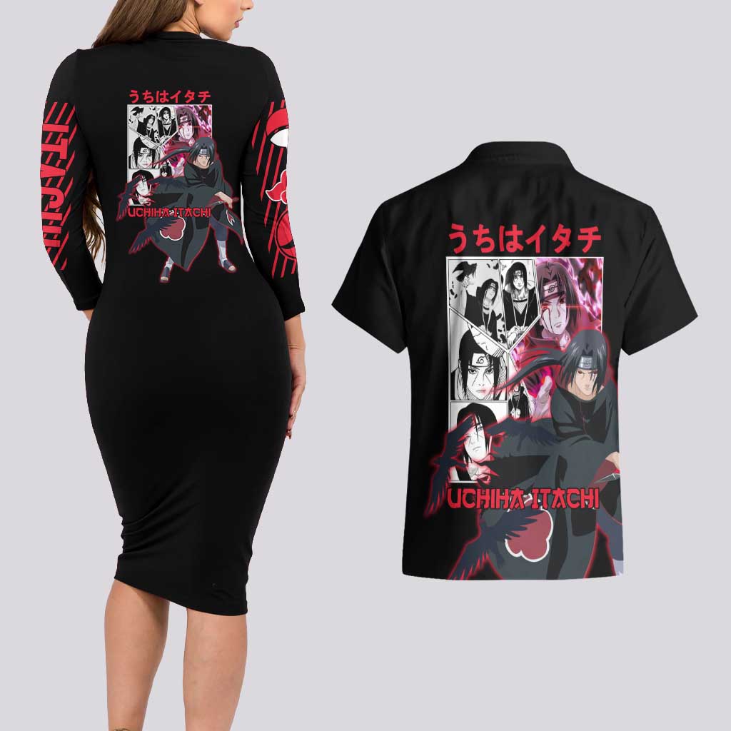 Uchiha Itachi V3 Naruto Couples Matching Long Sleeve Bodycon Dress and Hawaiian Shirt Anime Style