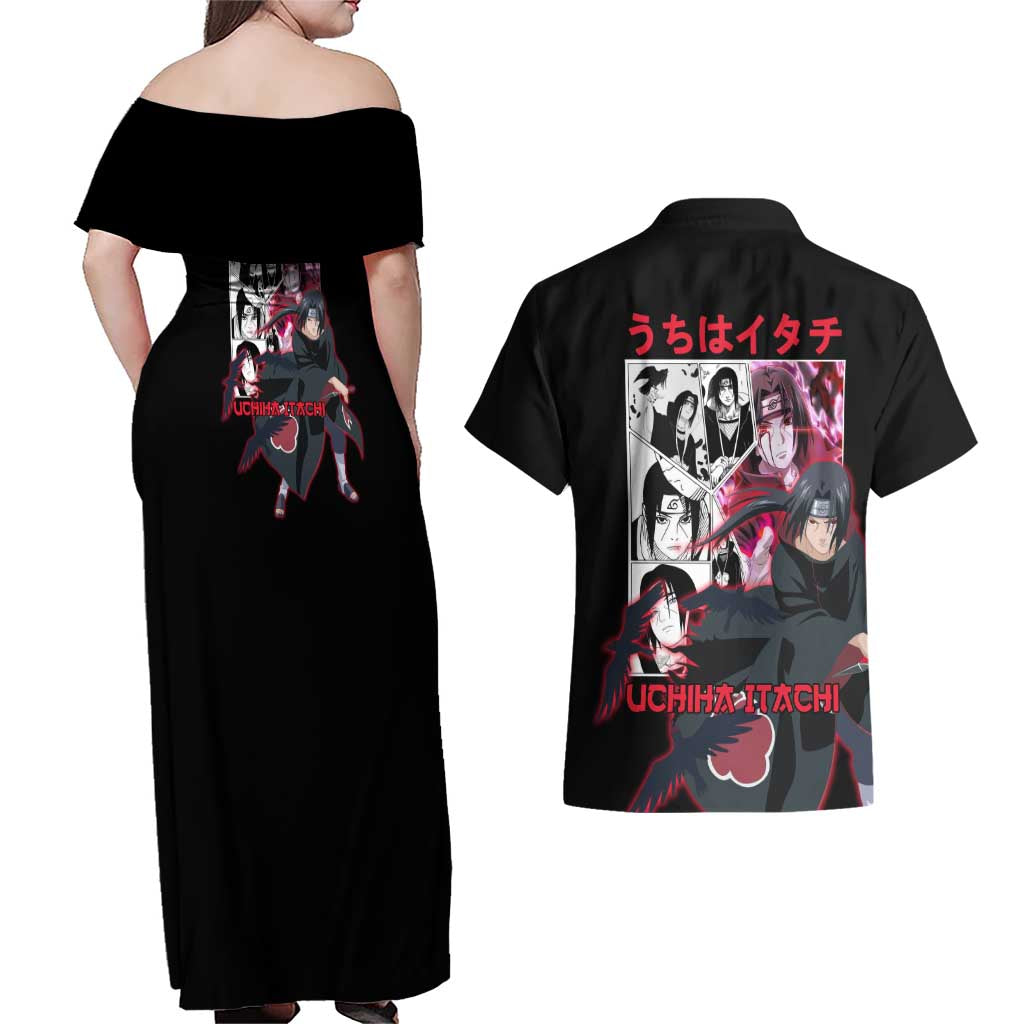 Uchiha Itachi V3 Naruto Couples Matching Off Shoulder Maxi Dress and Hawaiian Shirt Anime Style