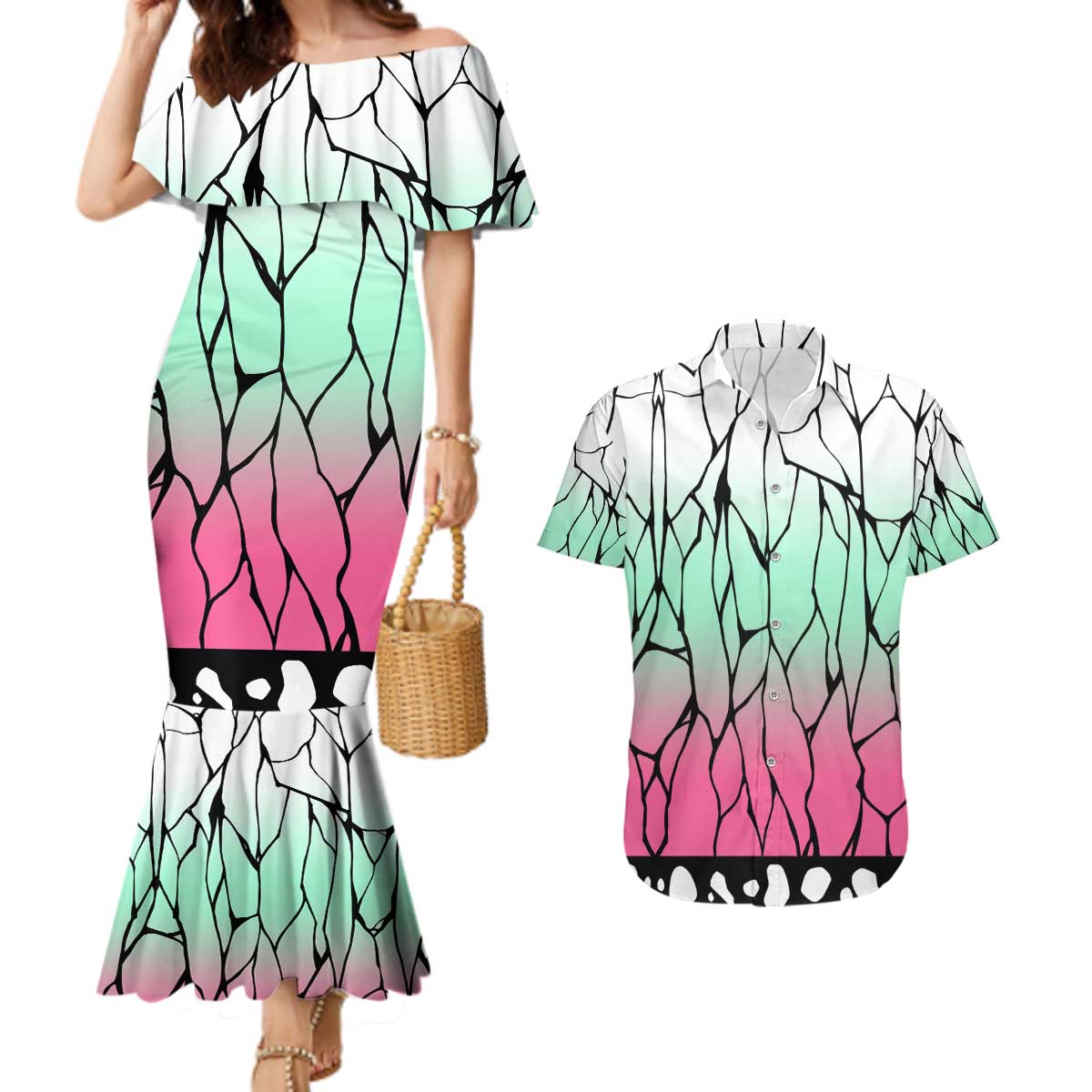 Kocho Shinobu Haori Demon Slayer Couples Matching Mermaid Dress and Hawaiian Shirt Anime Style