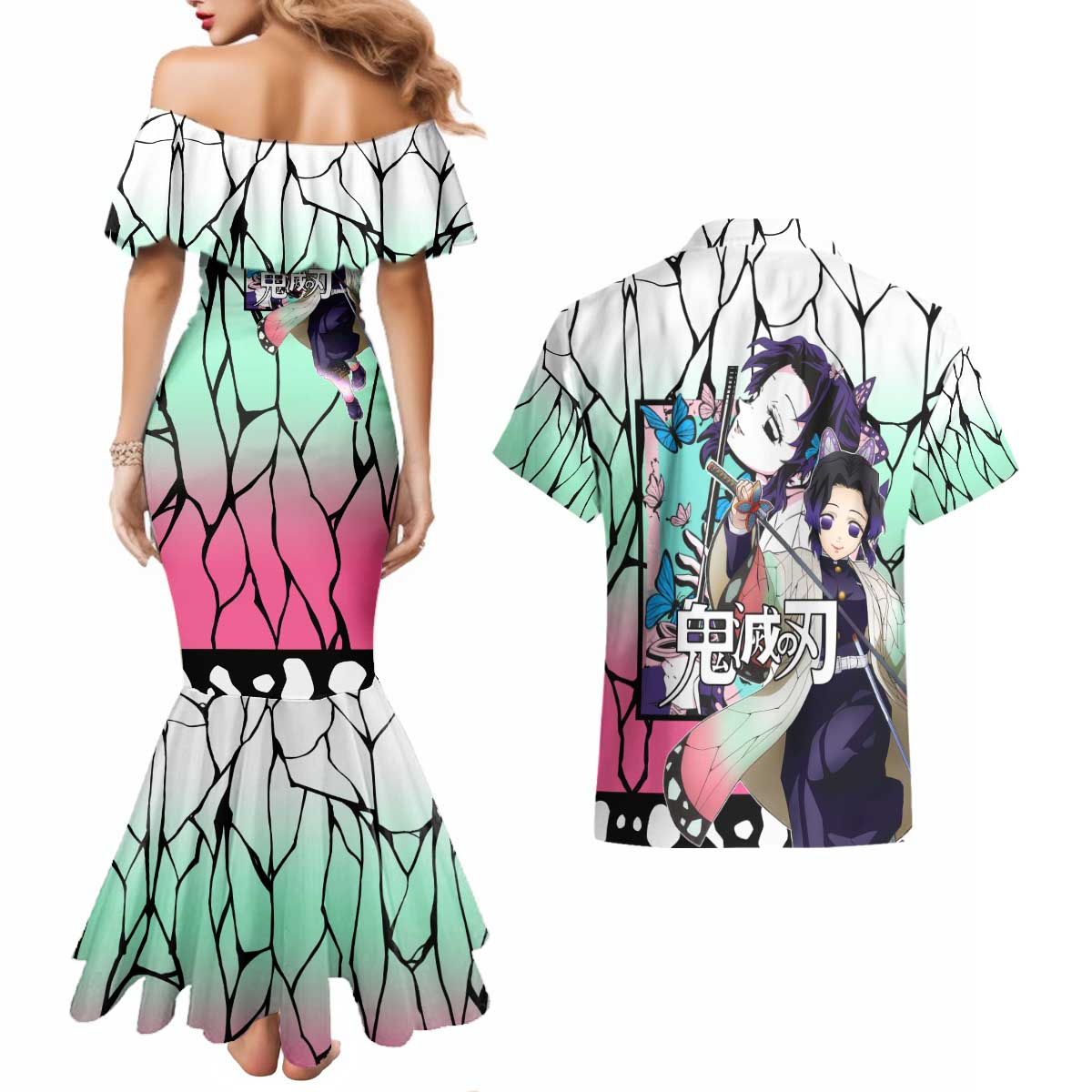 Kocho Shinobu Haori Demon Slayer Couples Matching Mermaid Dress and Hawaiian Shirt Anime Style