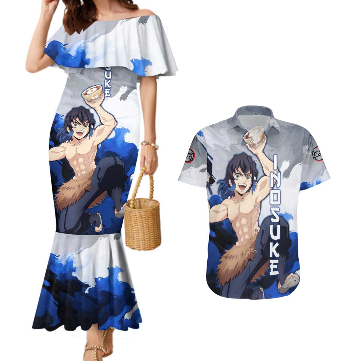 Inosuke - Demon Slayer Couples Matching Mermaid Dress and Hawaiian Shirt Anime Style