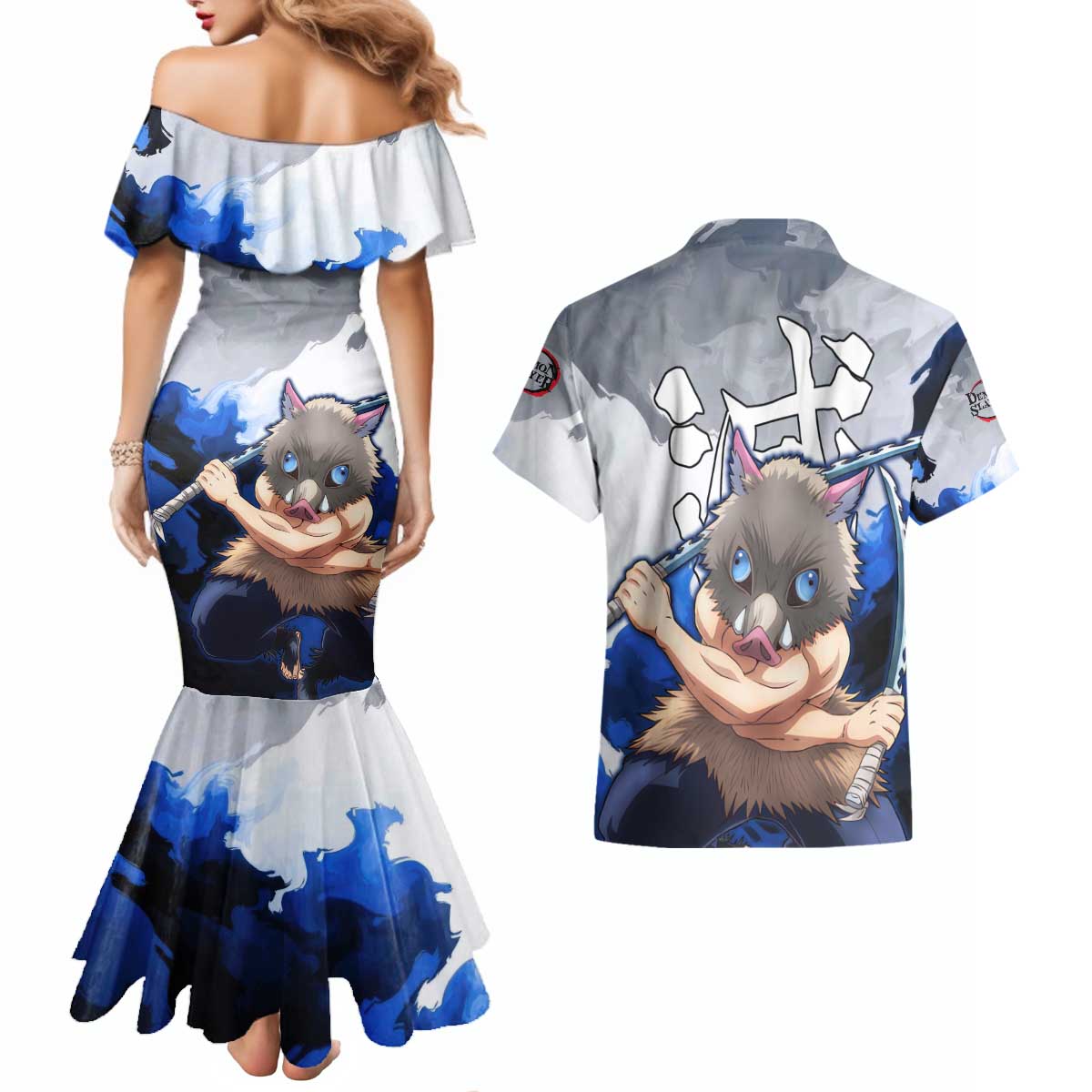 Inosuke - Demon Slayer Couples Matching Mermaid Dress and Hawaiian Shirt Anime Style