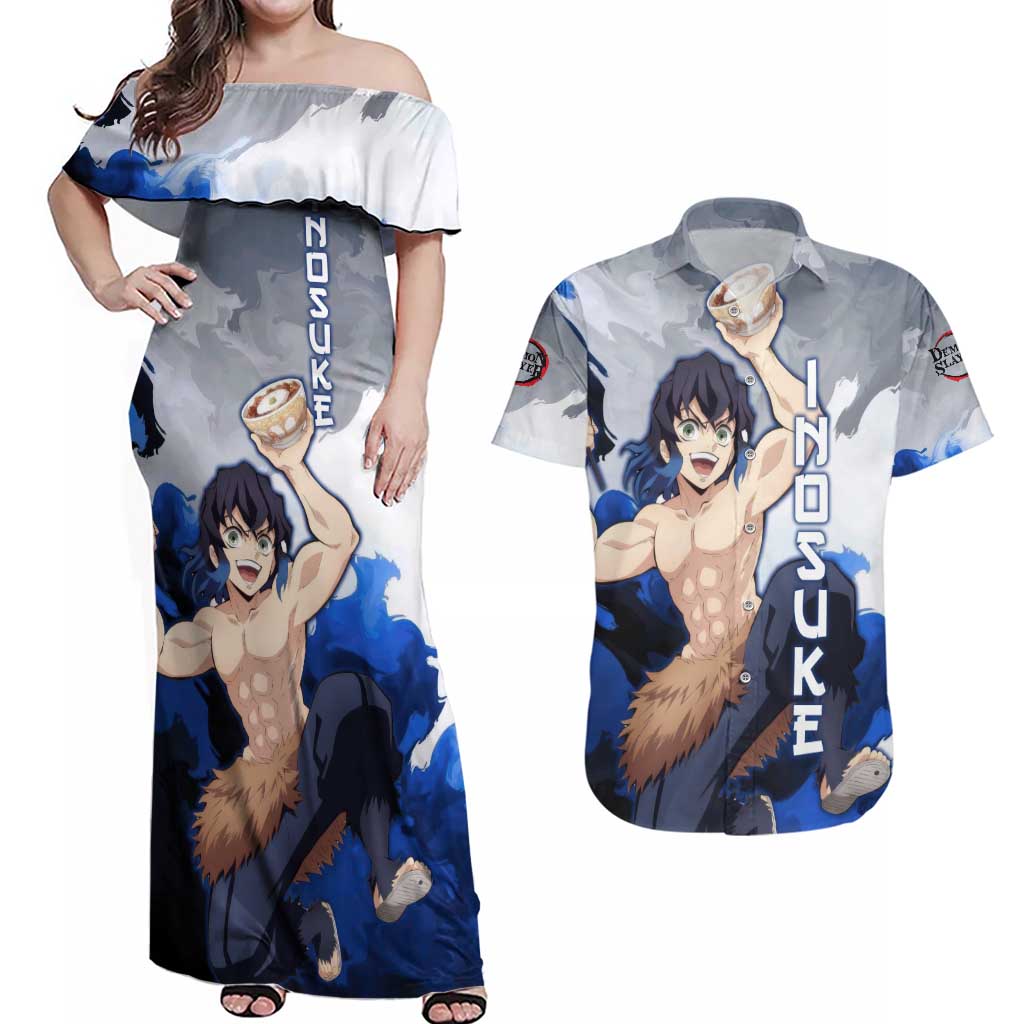 Inosuke - Demon Slayer Couples Matching Off Shoulder Maxi Dress and Hawaiian Shirt Anime Style