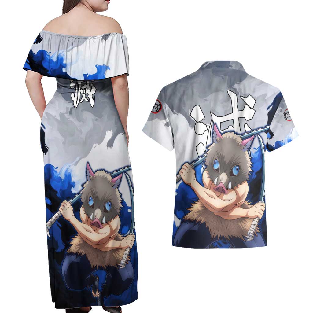 Inosuke - Demon Slayer Couples Matching Off Shoulder Maxi Dress and Hawaiian Shirt Anime Style